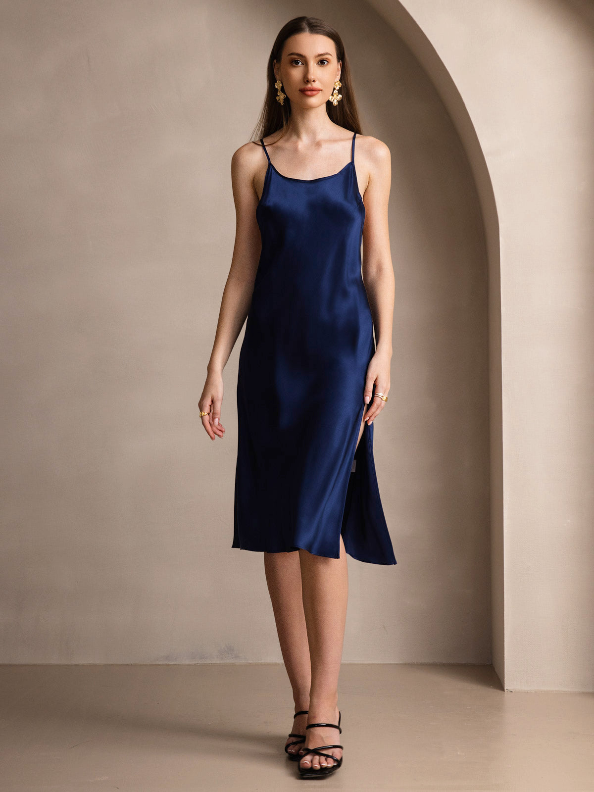 [Dark Blue] SilkSilky-CA Pure Silk Round Neck Dress 003