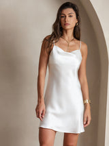 [White] SilkSilky-CA Spaghetti Strap Cowl Neck Dress 003