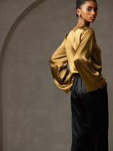 [Brown] SilkSilky-CA Long Sleeve Boat Neck Blouse 006