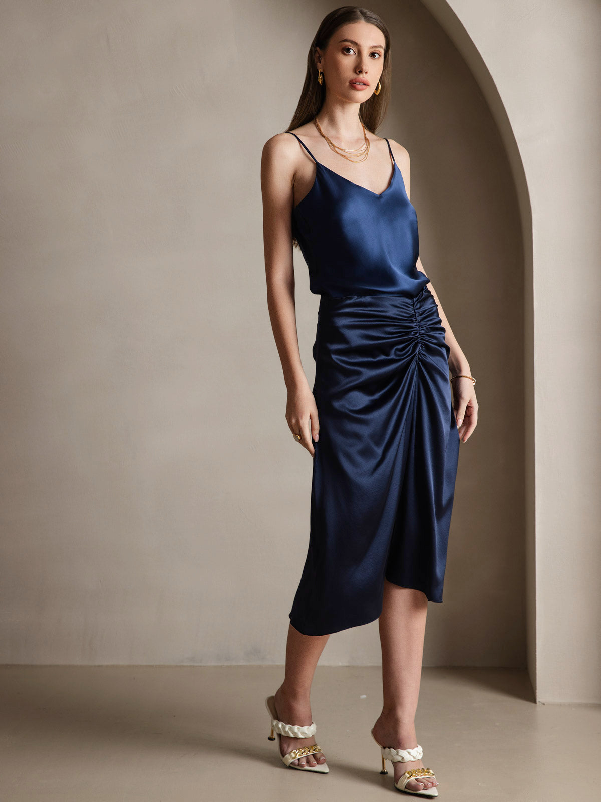 [Dark Blue] SilkSilky-CA Pure Silk V Neck Camisole 005
