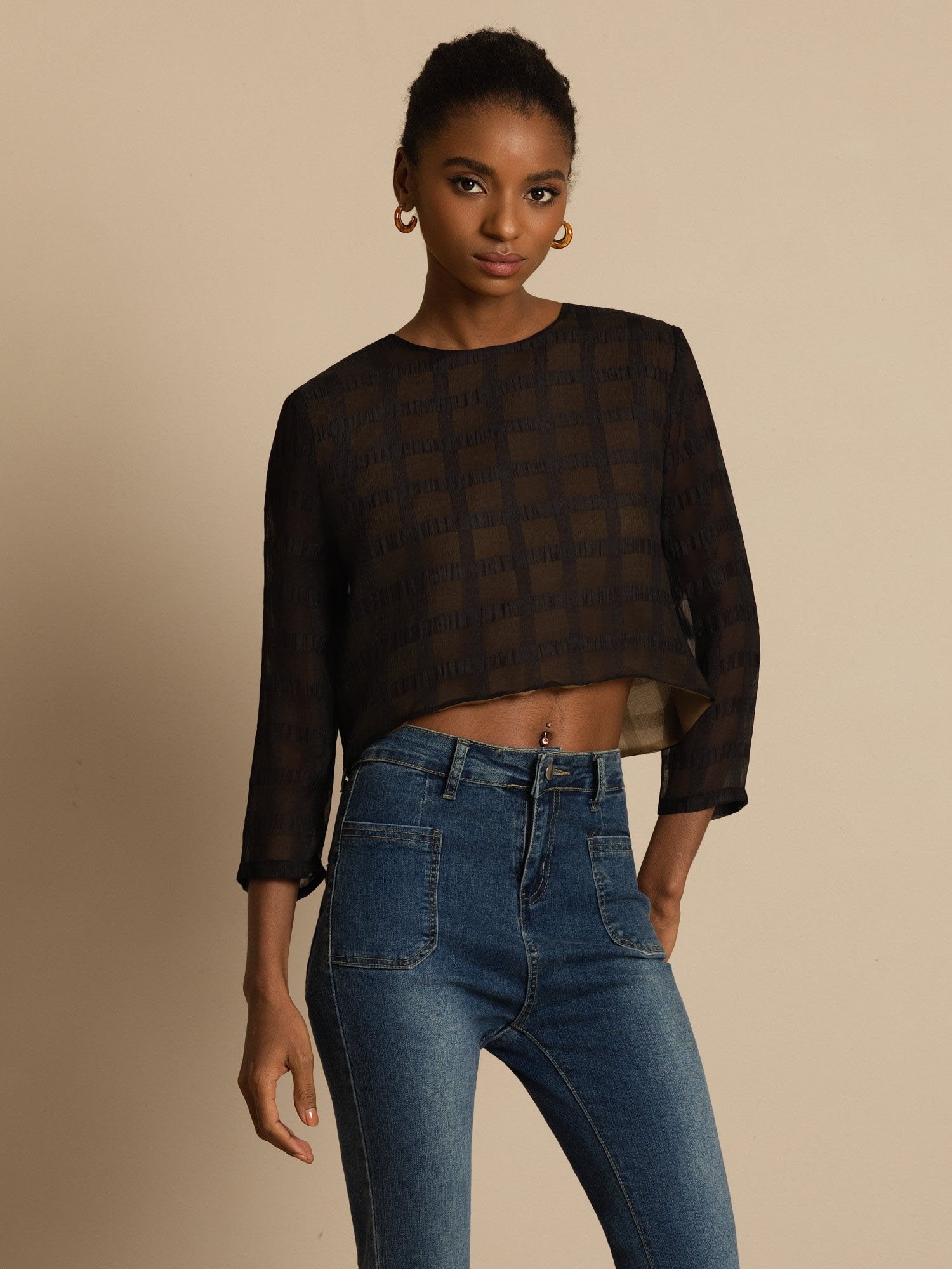 [Black] SilkSilky-CA Pure Silk Long Sleeve Round Neck Blouse 001