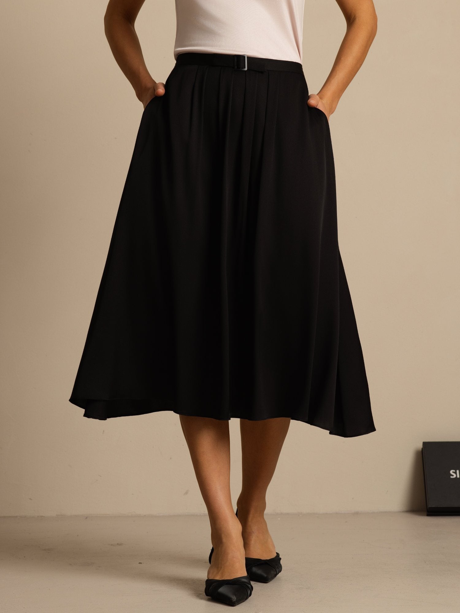 [Black] SilkSilky-CA 19Momme Stretch Silk Double Georgette Skirt 001