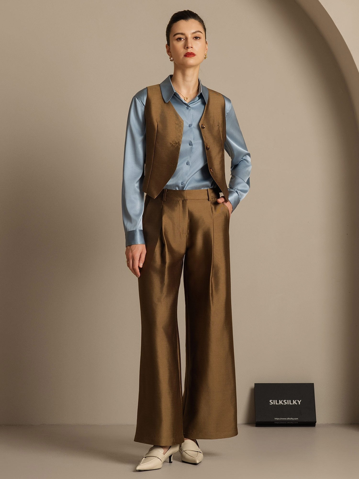 [Bronze] SilkSilky-CA 32Momme Silk-Wool Blend Womens Pants 008,