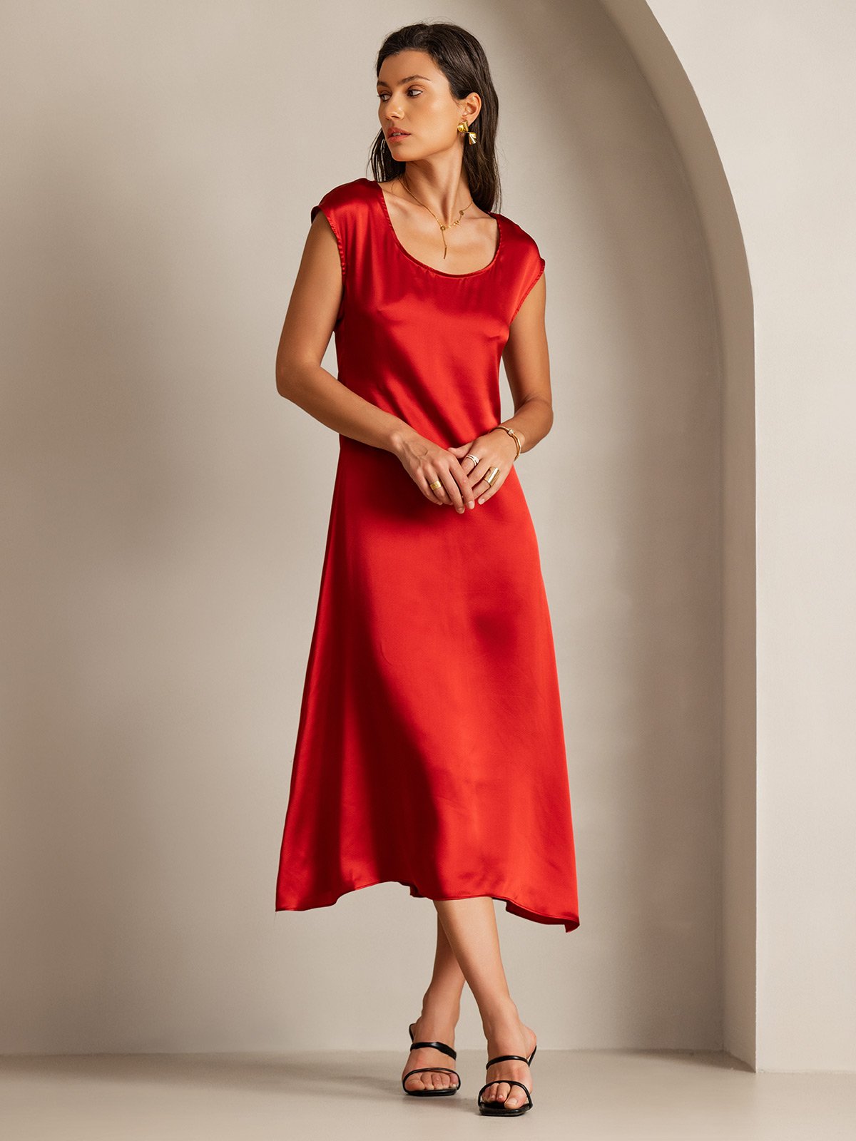 [Wine] SilkSilky-CA 19Momme Silk Cap Sleeve Round Neck Dress 001