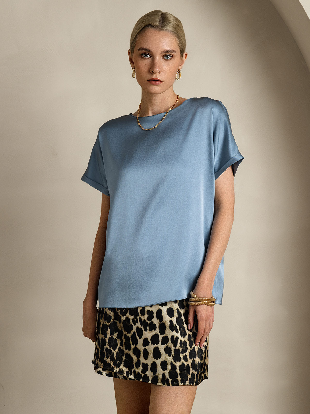 [Grayish Blue] SilkSilky-CA 19Momme Silk Round Neck Women's T-Shirt 003,