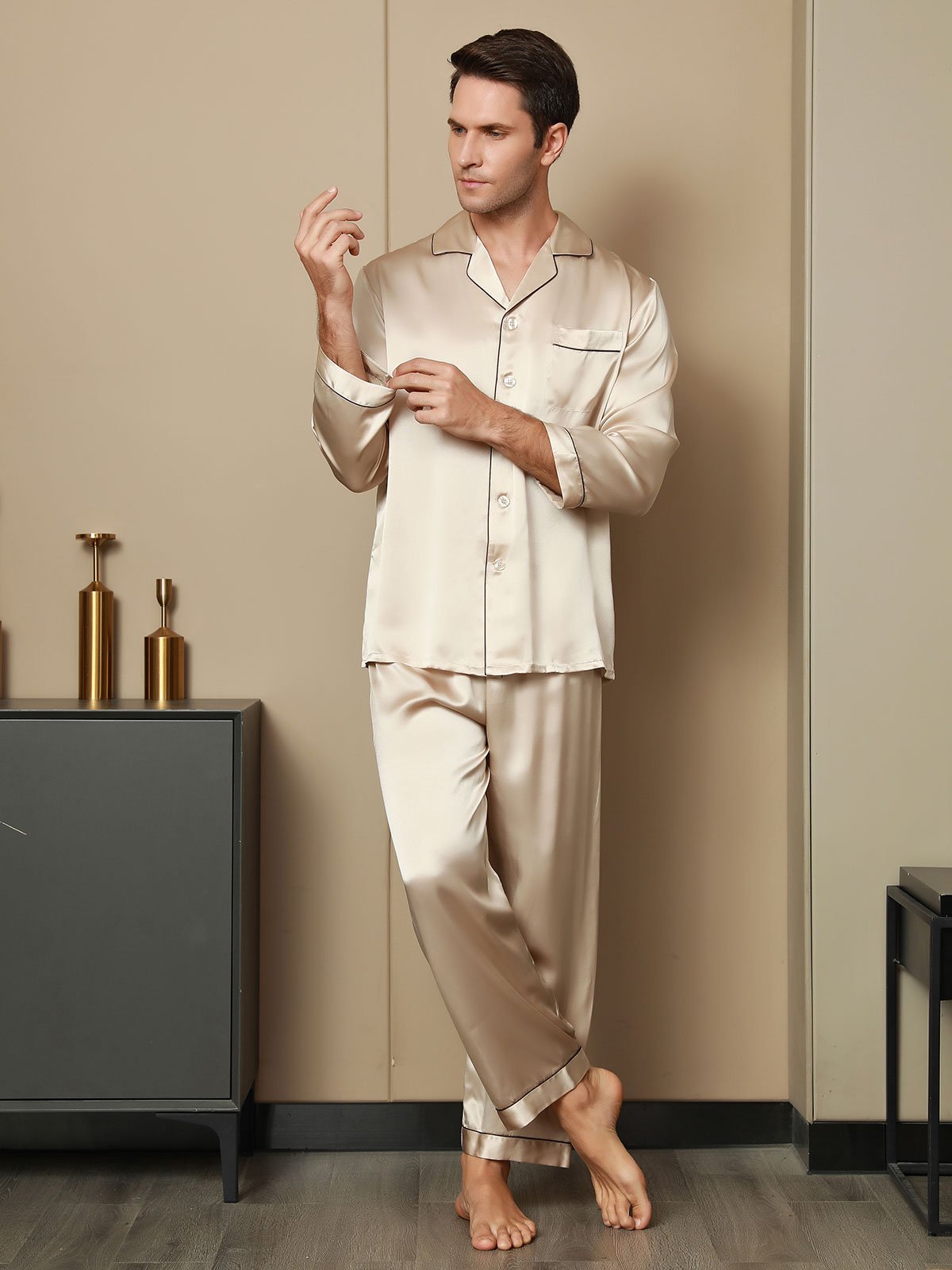 SilkSilky-CA Pure Silk Long Sleeve Lapel Men's Pajamas Tan 006