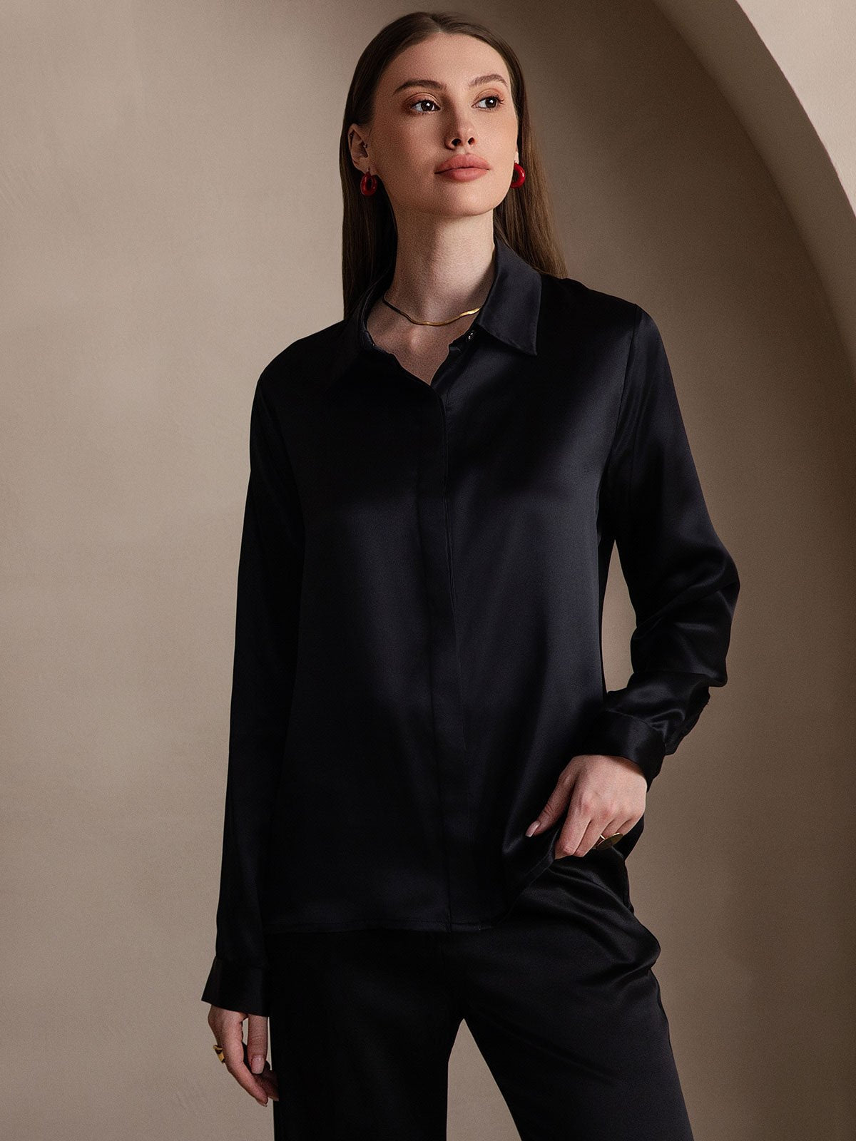 [Black] SilkSilky-CA 19Momme Silk Long Sleeve Lapel Collar Women's Shirt 003