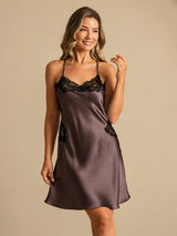 [Dark Brown] SilkSilky-CA Spaghetti Strap V Neck Nightgown 006