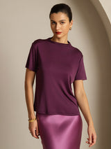 [Purple] SilkSilky-CA 100% Silk Jersey Short Sleeve Mock Neck Women's T-Shirt 005