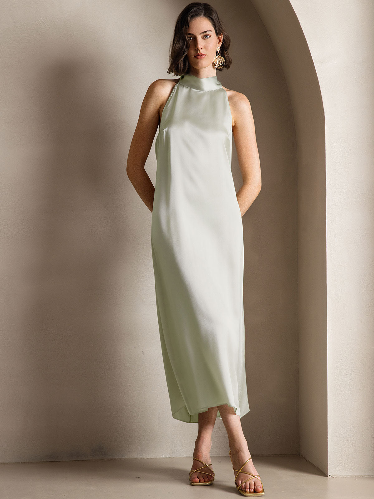 SilkSilky CA 19Momme Silk Sleeveless Dress LightGreen 003