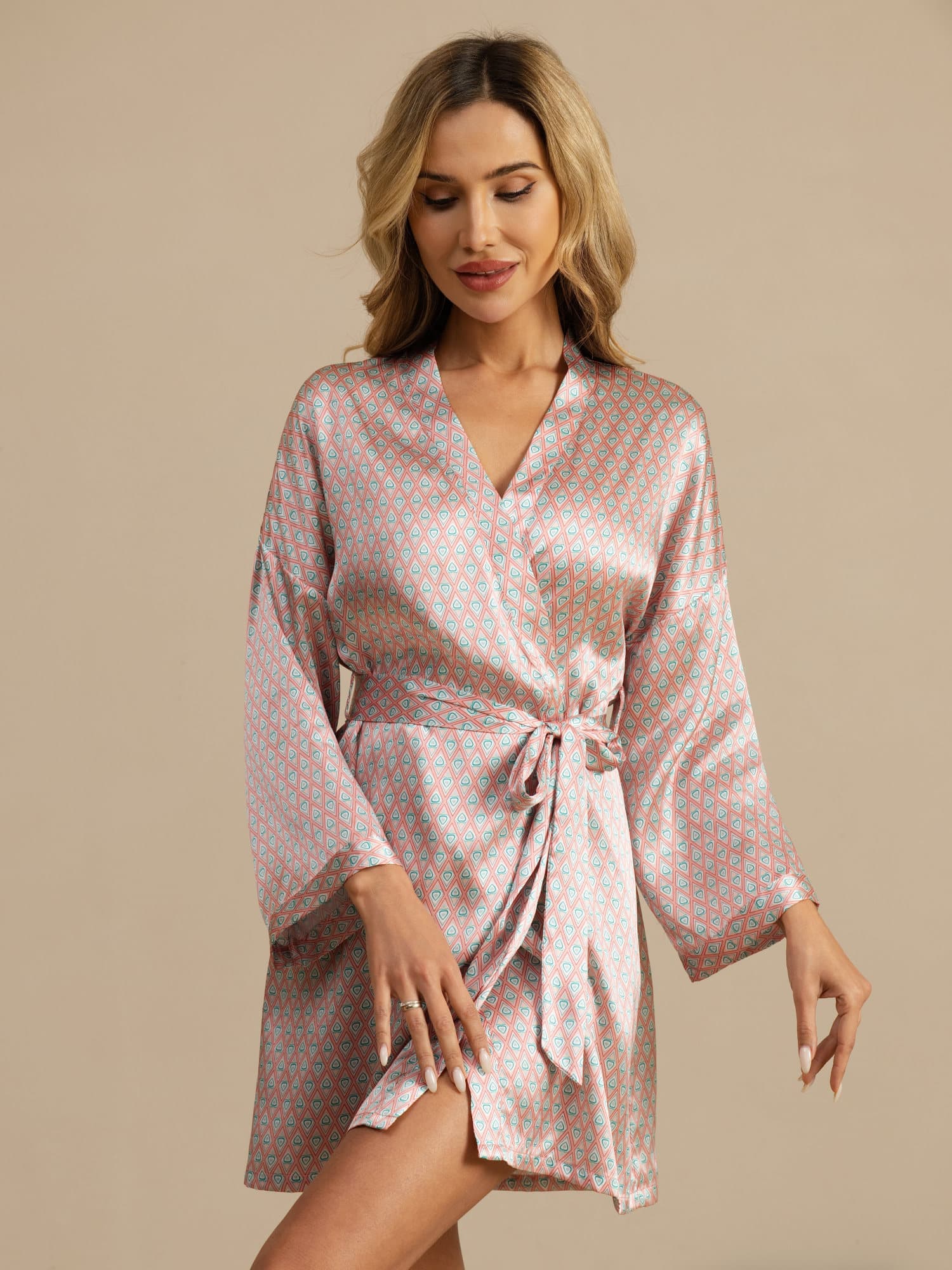 [Pink Heart Geo] SilkSilky-CA 3/4 Sleeve V Neck Women's Robe 005