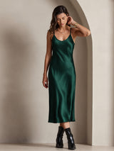 [Dark Green] SilkSilky-CA Spaghetti Strap V Neck Nightgown 004