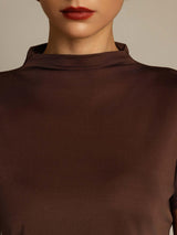 [Coffee] SilkSilky-CA 100% Silk Jersey Short Sleeve Mock Neck Women's T-Shirt 004