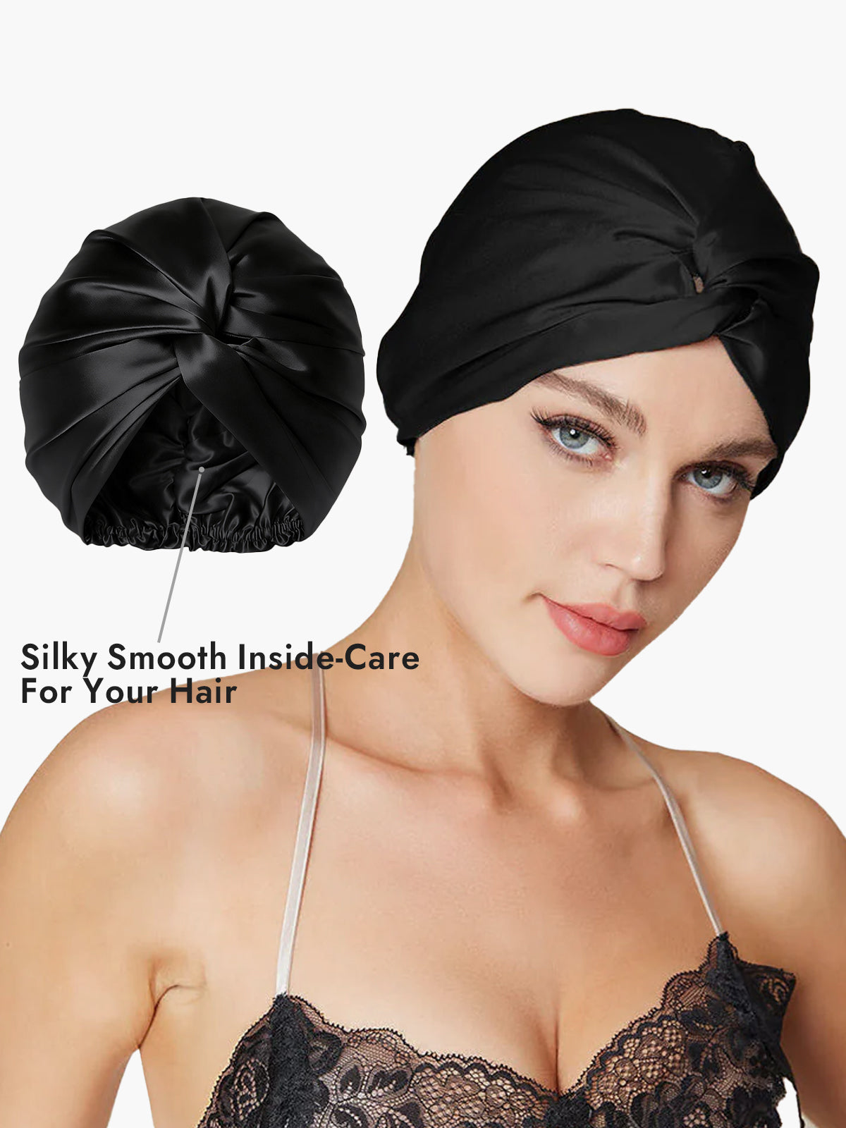 [Black] SilkSilky-CA Pure Silk Sleep Cap 002