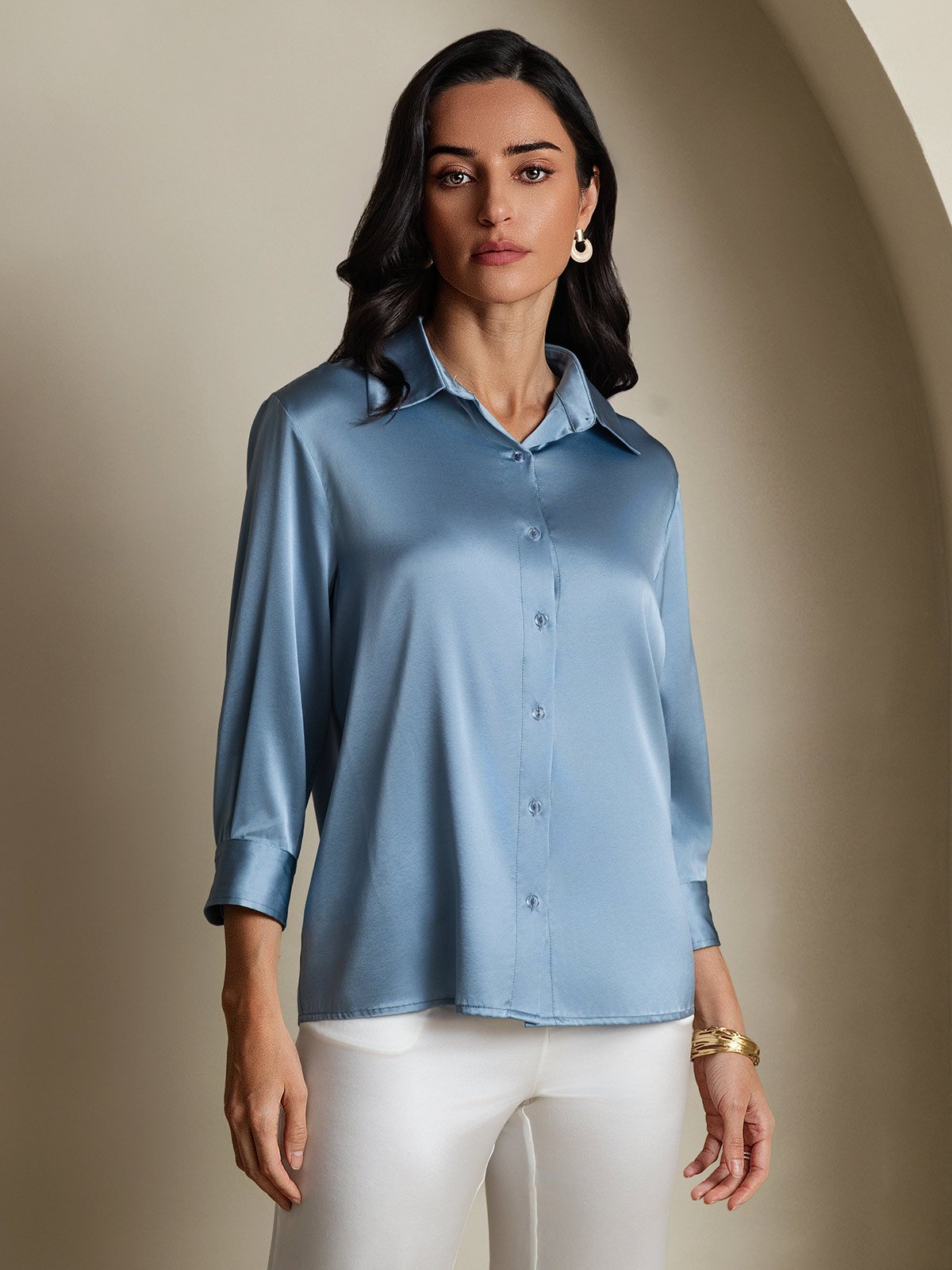 [Grayish Blue] SilkSilky-CA 19Momme Stretch Silk Charmeuse 3/4 Sleeve Lapel Collar Women's Shirt 004