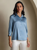 [Grayish Blue] SilkSilky-CA 19Momme Stretch Silk Charmeuse 3/4 Sleeve Lapel Collar Women's Shirt 004