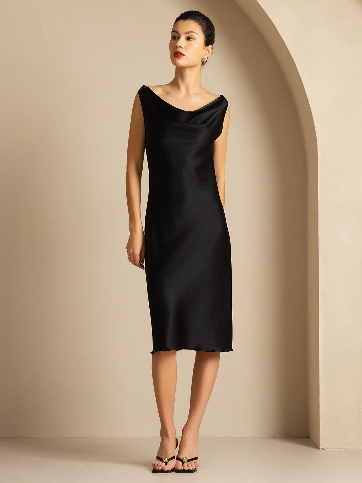 [Black] SilkSilky-CA 19Momme Silk Cowl Neck Dress 005