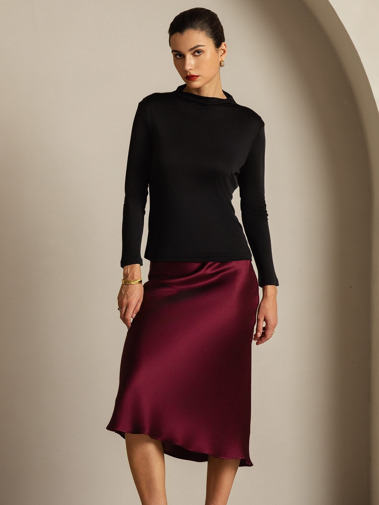 [Black] SilkSilky-CA Pure Silk High Neck Women's T-Shirt 006