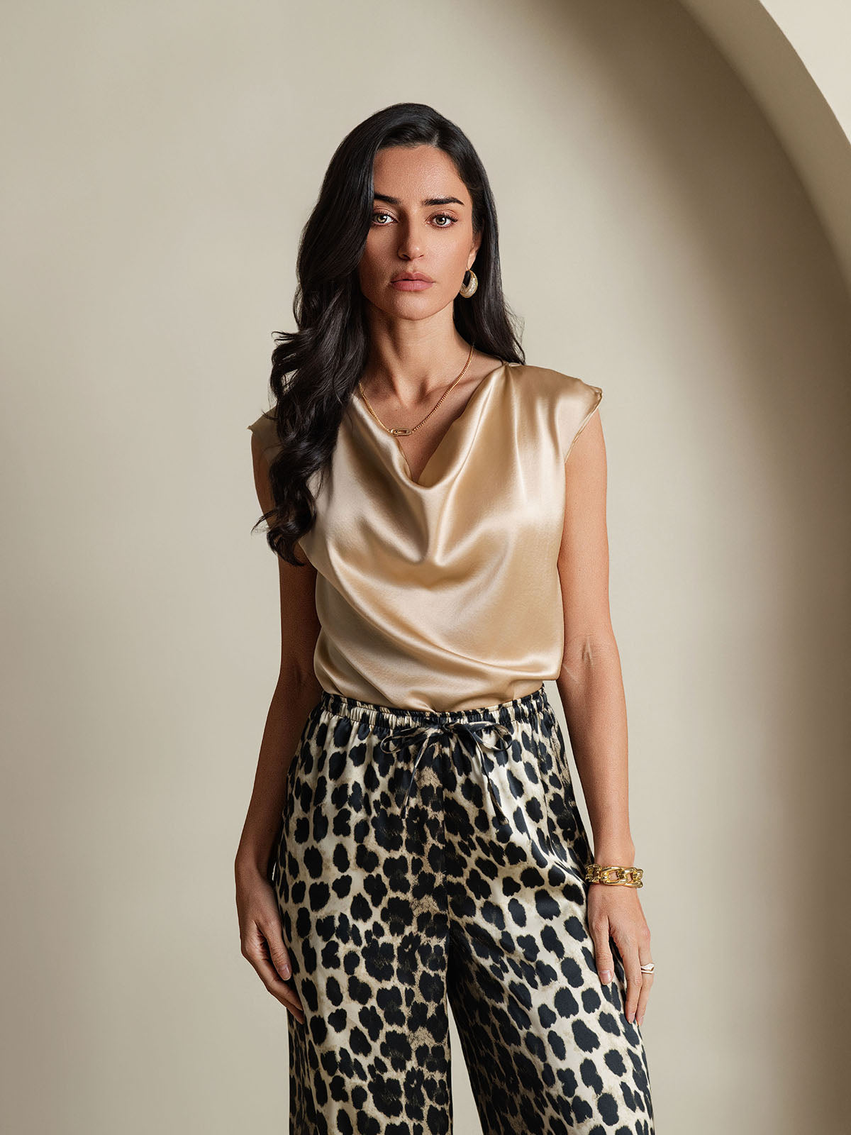 [Champagne] SilkSilky-CA 19Momme Silk Cap Sleeve Cowl Neck Women's T-Shirt 006