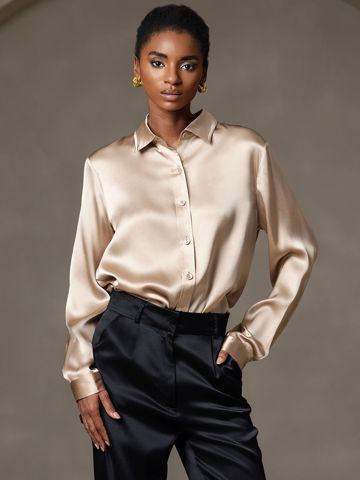 SilkSilky-CA 19Momme Silk Long Sleeve Collar Women's Shirt Champagne 006