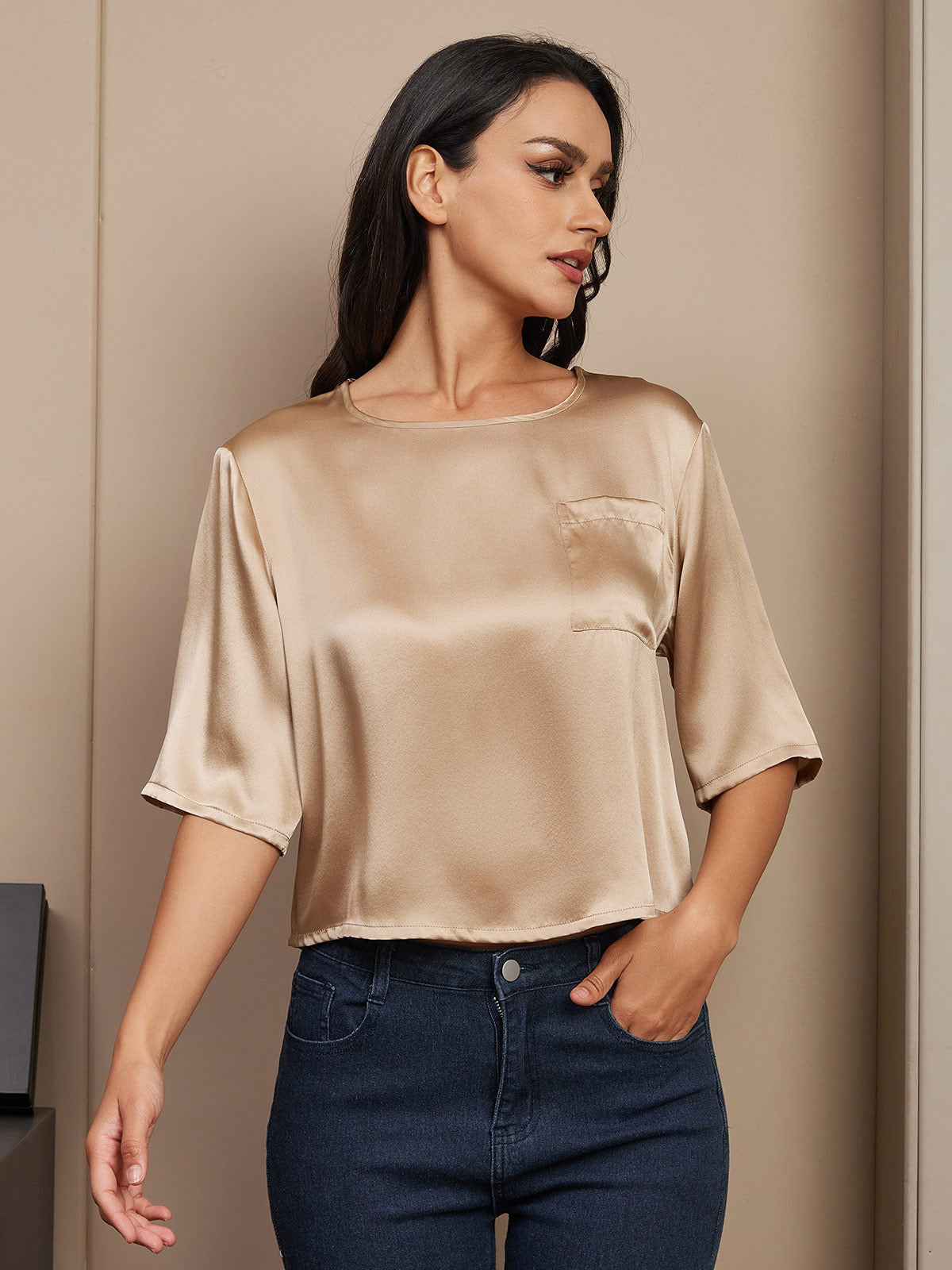 SilkSilky CA Pure Silk Half Sleeve Boat Neck Women's T Shirt Champagne 001