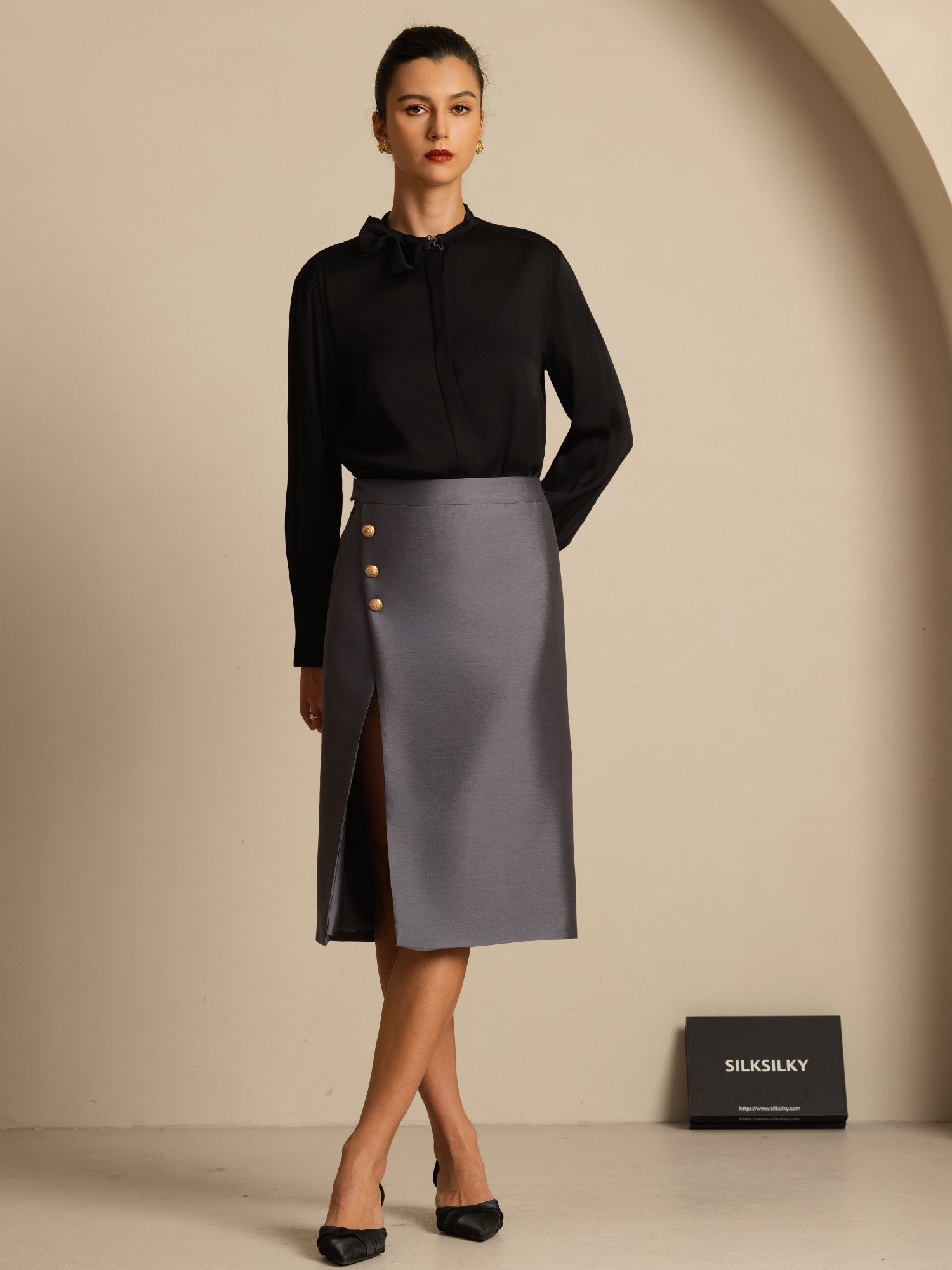 [Black] SilkSilky-CA 19Momme Stretch Silk Double Georgette Long Sleeve Collar Blouse 007