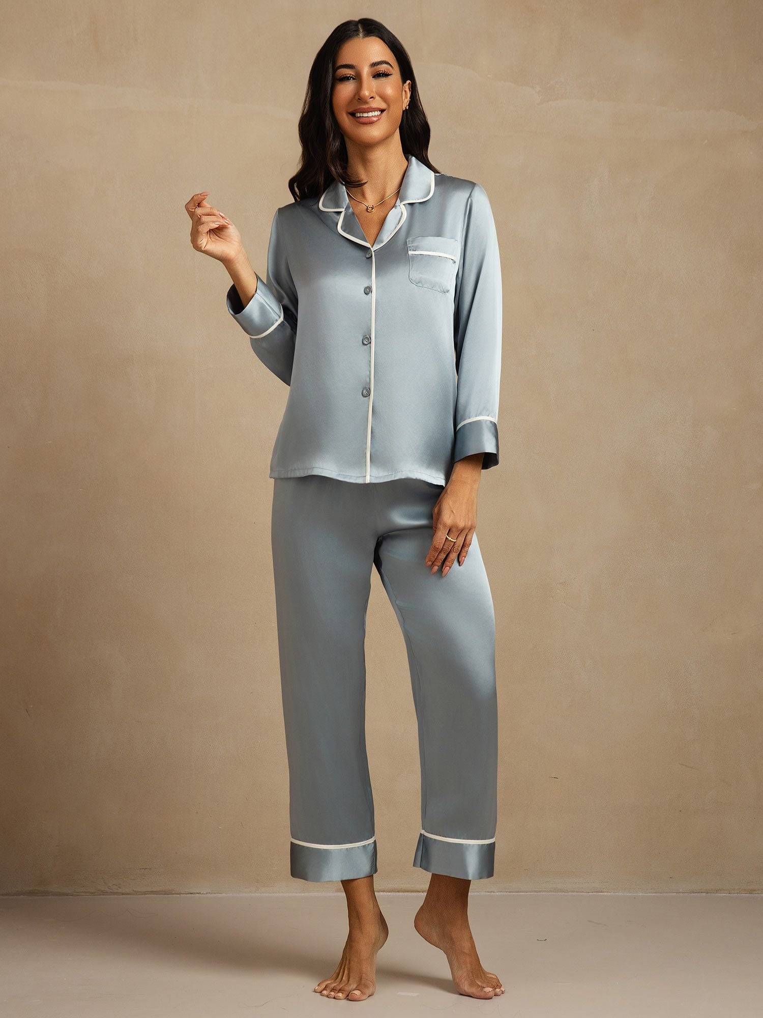 [GrayishBlue] SilkSilky-CA Pure Silk Lapel Collar Women's Pajamas 007