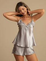 [Light Gray] SilkSilky-CA Spaghetti Strap V Neck Camisole Set 006