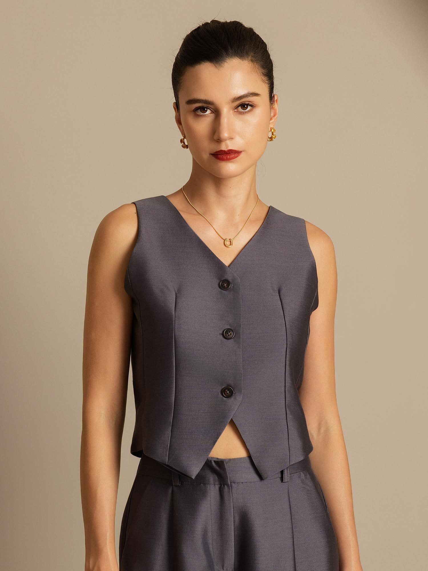 [Gray] SilkSilky-CA 32Momme Silk-Wool Blend V Neck Women's Vest 003,