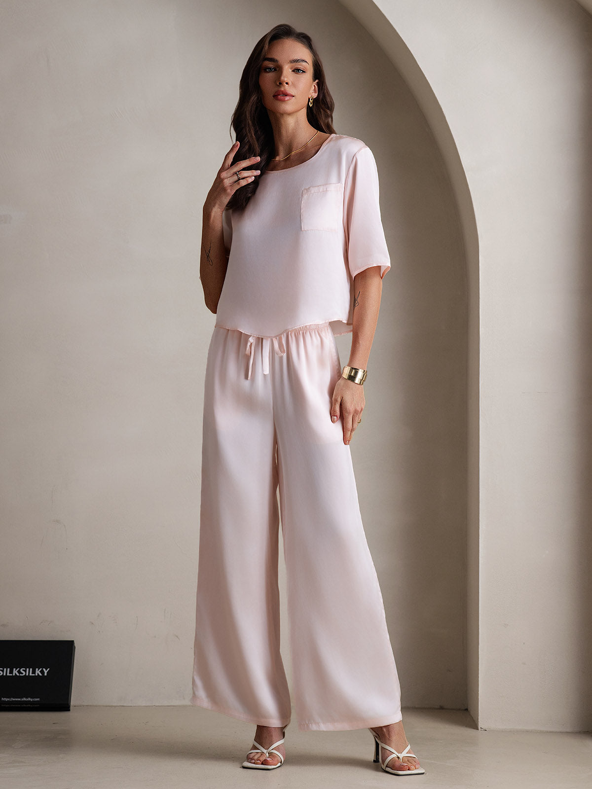 [Pink] SilkSilky-CA Pure Silk Round Neck Women's Pajamas 004