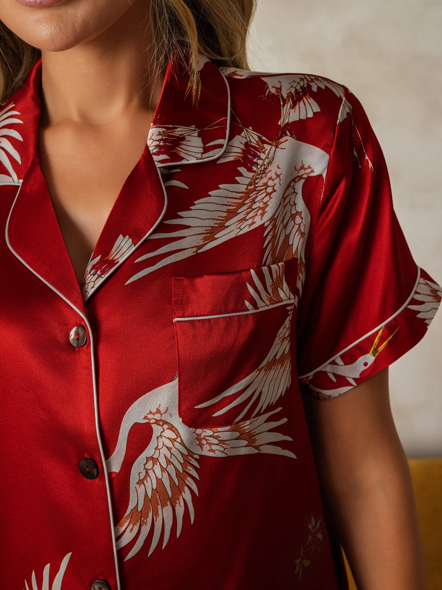 [Dark Red] SilkSilky-CA 19Momme Pure Silk Short Sleeve Notch Collar Women's Pajamas 004