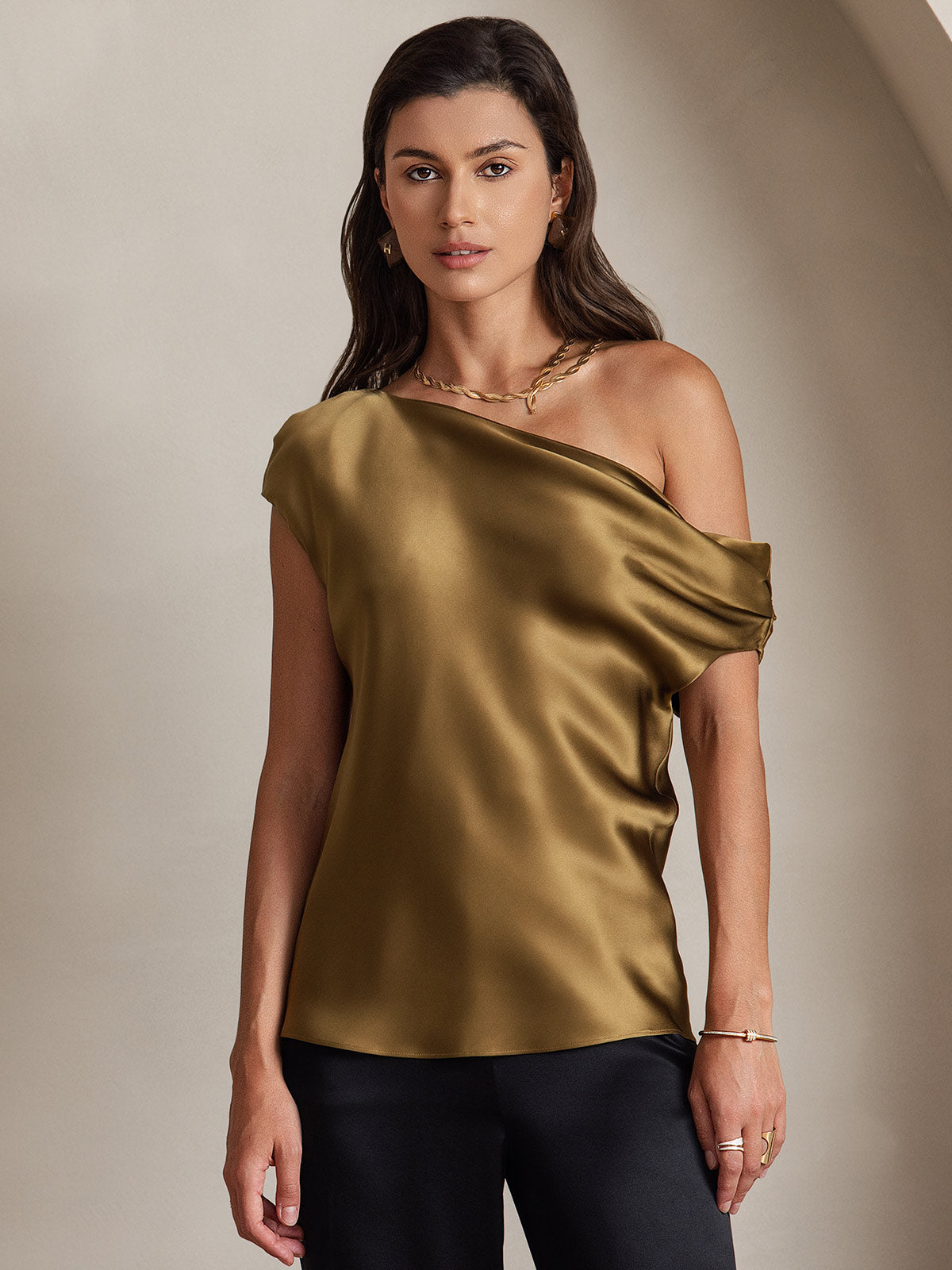 [Brown] SilkSilky-CA 19Momme Silk One Shoulder Women's T-Shirt 001