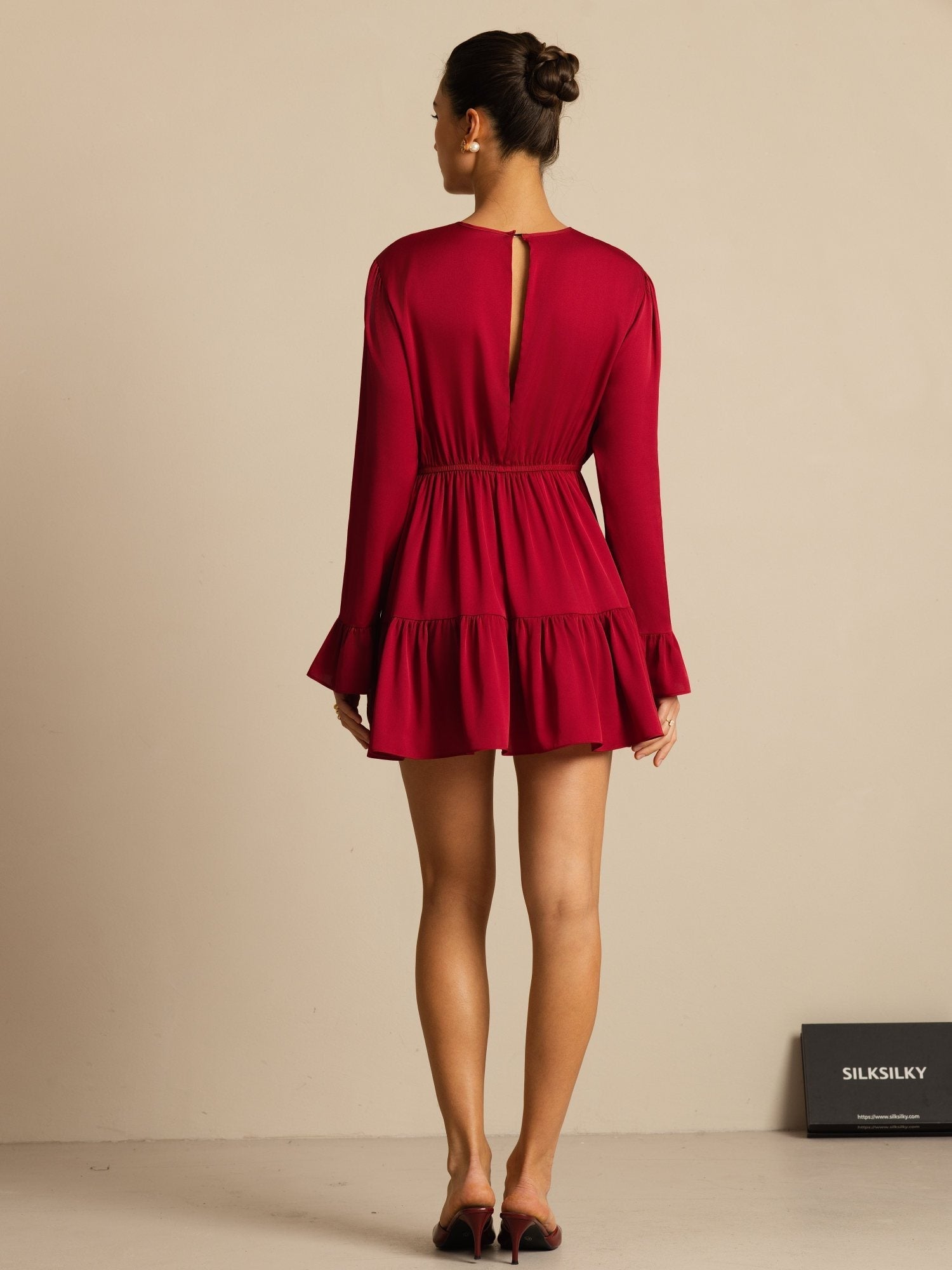 [Wine] SilkSilky-CA 19Momme Stretch Silk Double Georgette Long Sleeve Round Neck Dress 002