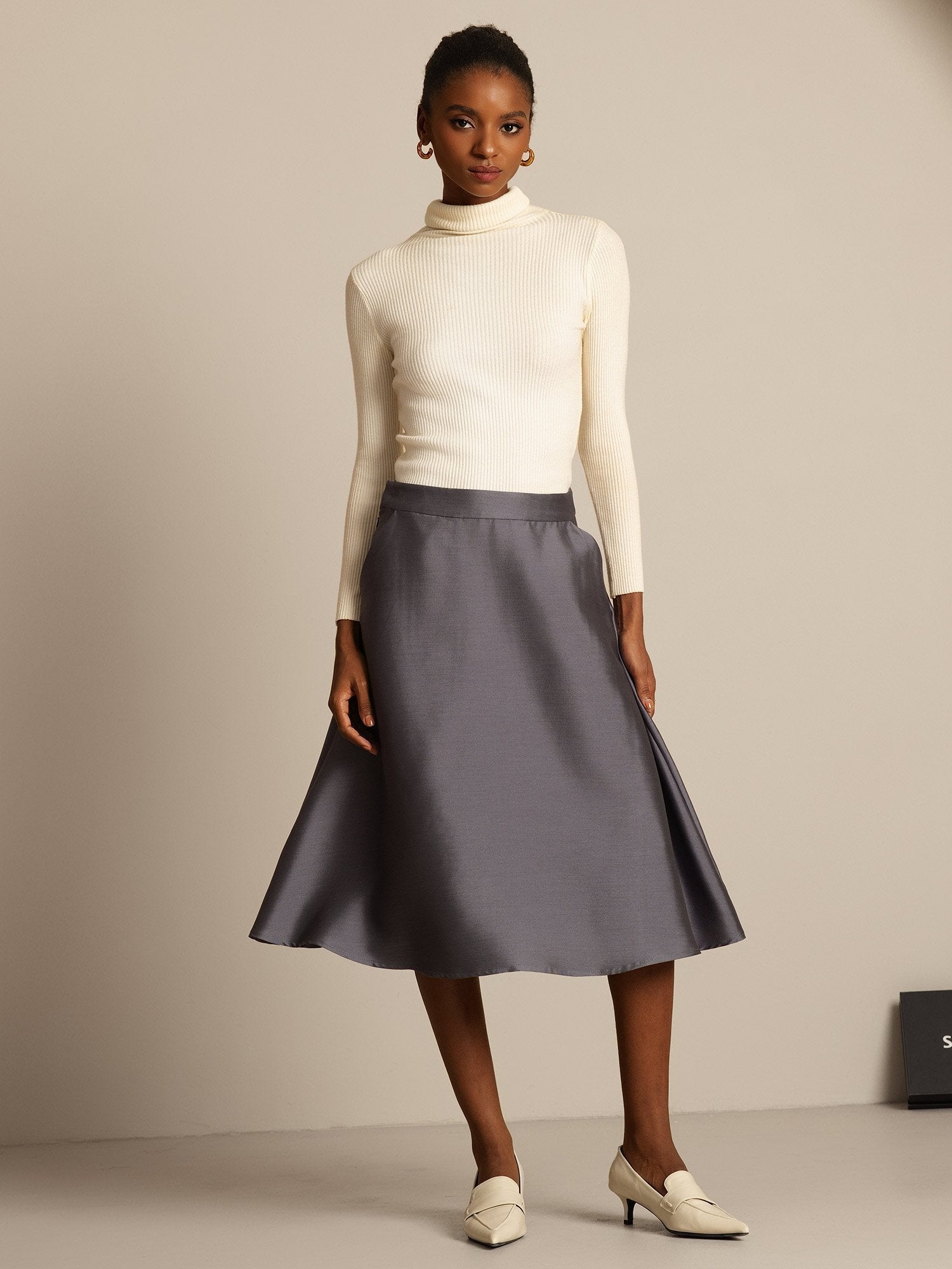 [Gray] SilkSilky-CA 32Momme Silk-Wool Blend Skirt 007,