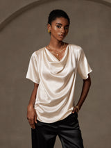 [Beige] SilkSilky-CA Short Sleeve Cowl Neck Women's Blouse 001
