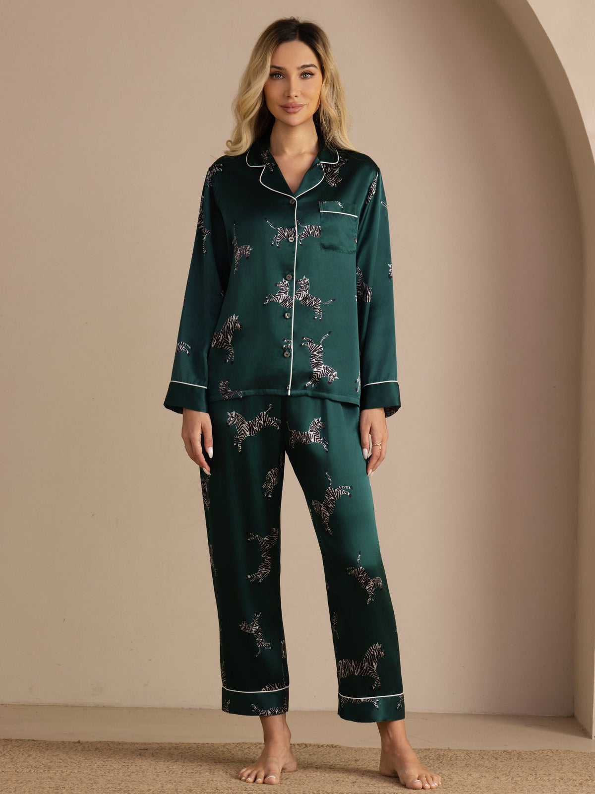 [Emerald Zebra] SilkSilky-CA Long Sleeve Lapel Collar Women's Pajamas 001
