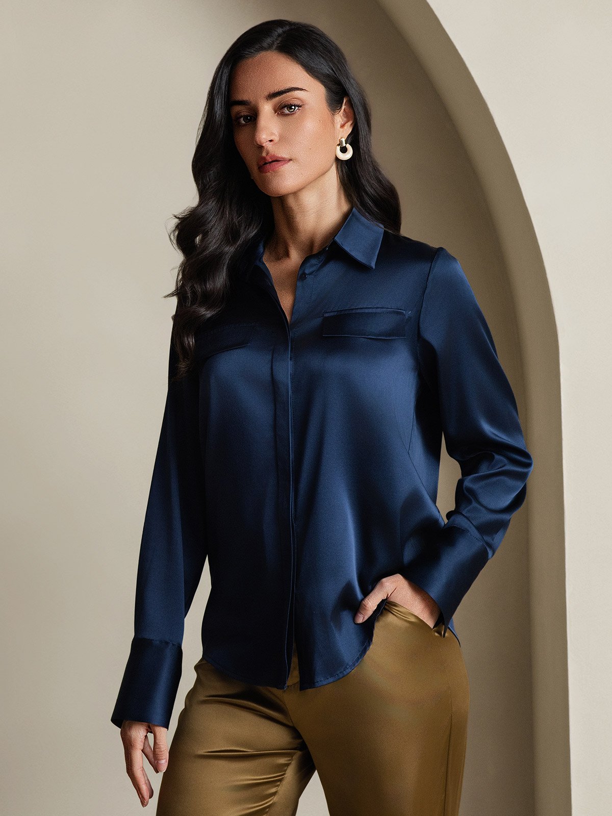 SilkSilky-CA 19Momme Silk Long Sleeve Collar Women's Shirt DarkBlue 001