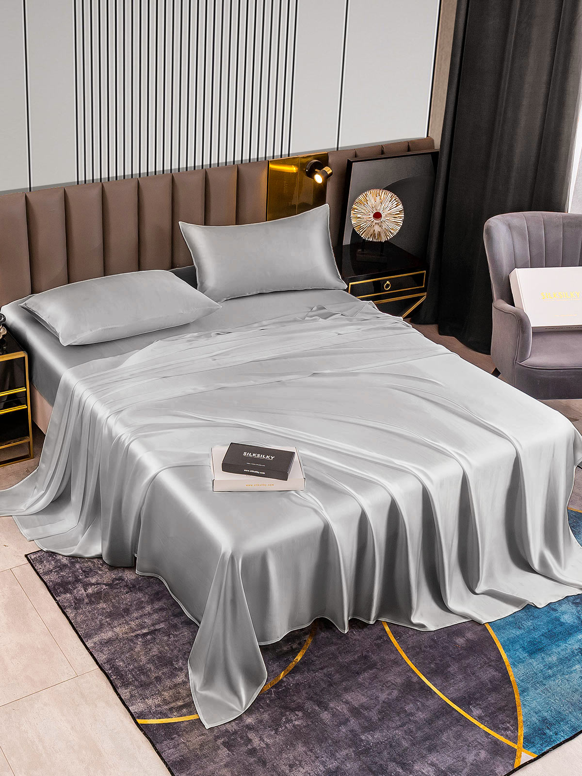 SilkSilky CA 22Momme Pure Silk Bedding Set Silver 002