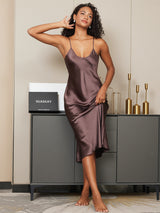 [Coffee] SilkSilky-CA Spaghetti Strap V Neck Nightgown 002