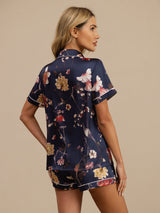 [Navy Floral] SilkSilky-CA Short Sleeve Notch Collar Women's Pajamas 002