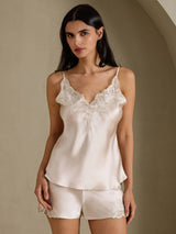 [Beige] SilkSilky-CA Spaghetti Strap V Neck Camisole Set 003