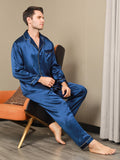 SilkSilky CA 19Momme Pure Silk Long Sleeve Lapel Men's Pajamas DarkBlue 003