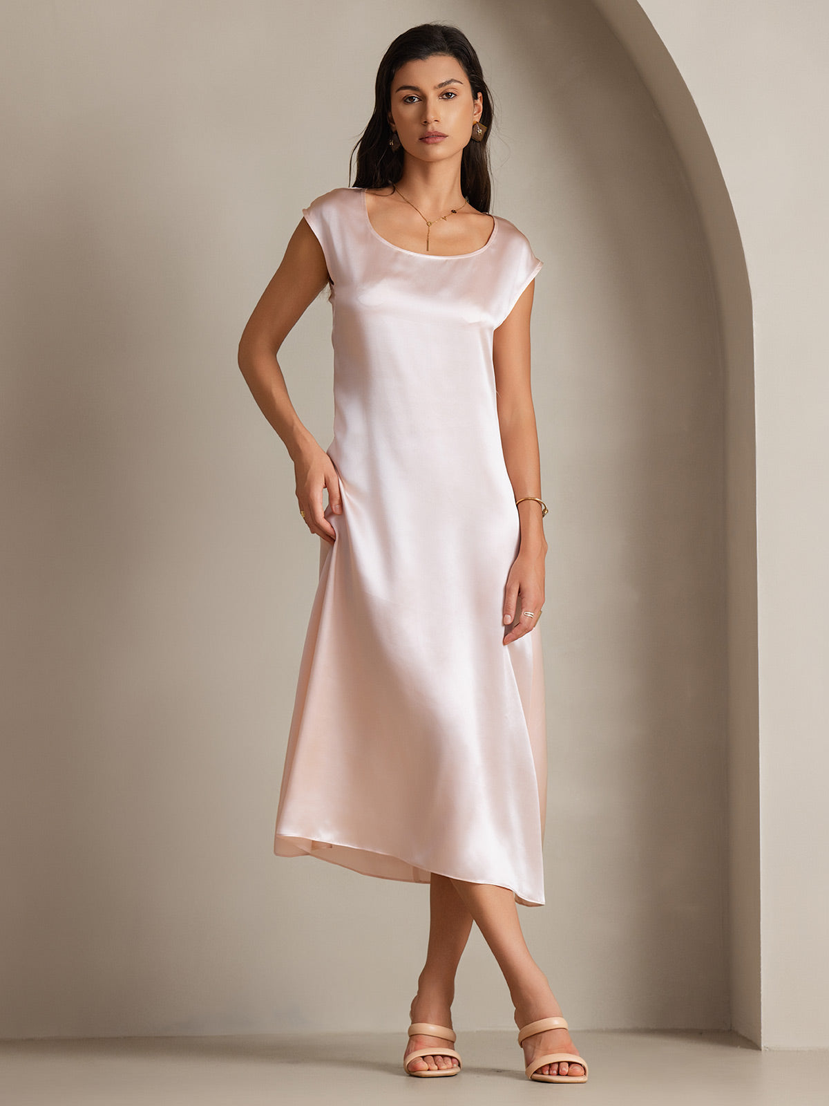 [Pink] SilkSilky-CA 19Momme Silk Round Neck Dress 002