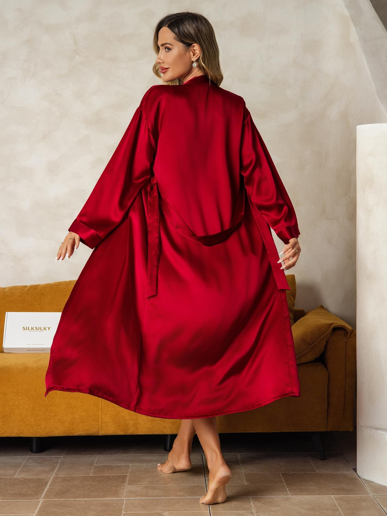 [Wine] SilkSilky-CA Pure Silk V Neck Nightgown&Robe Set 003