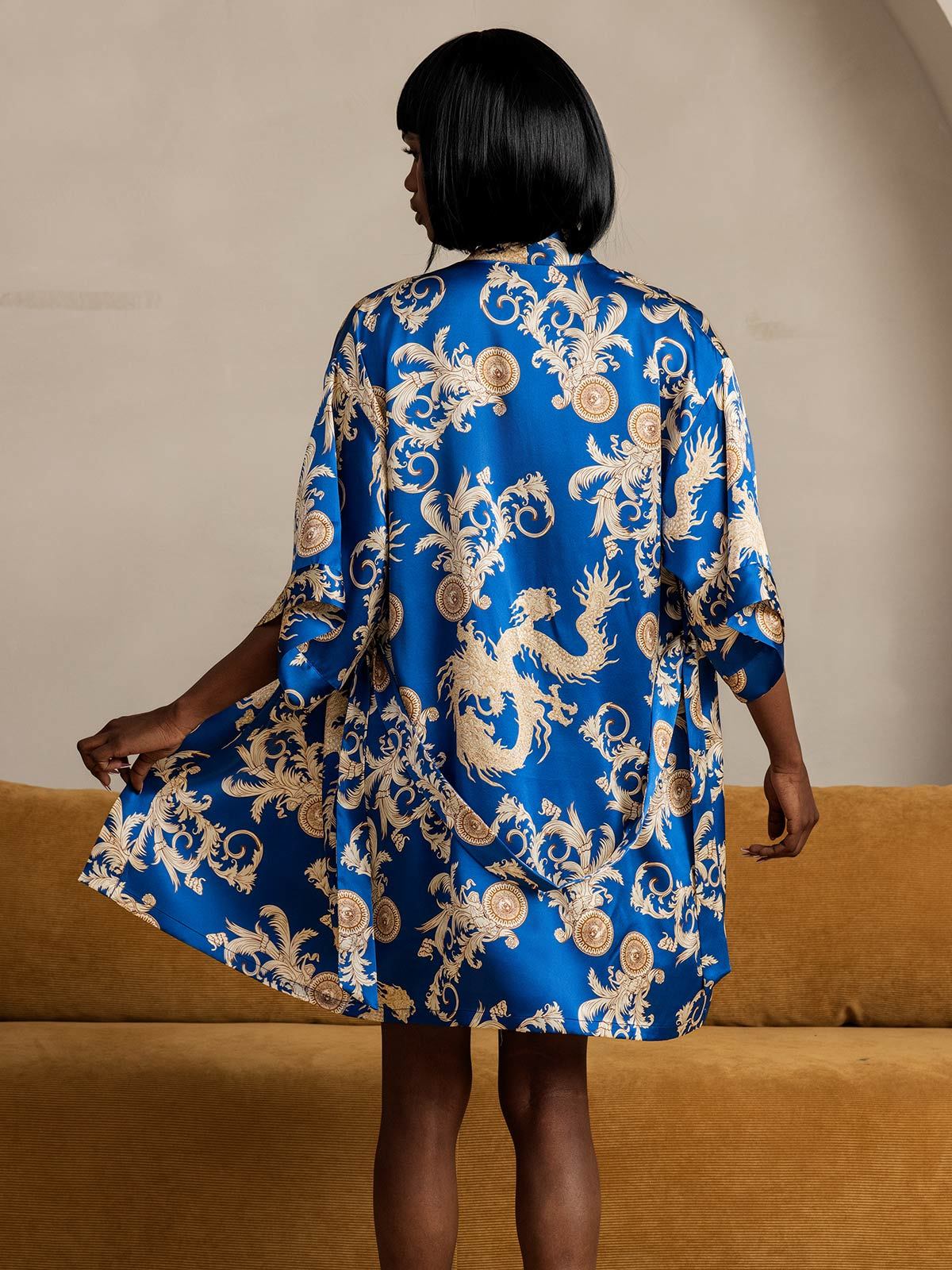 SilkSilky-CA Pure Silk 3/4 Sleeve V Neck Women's Robe Blue 002