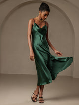 [Dark Green] SilkSilky-CA Spaghetti Strap Cowl Neck Dress 006