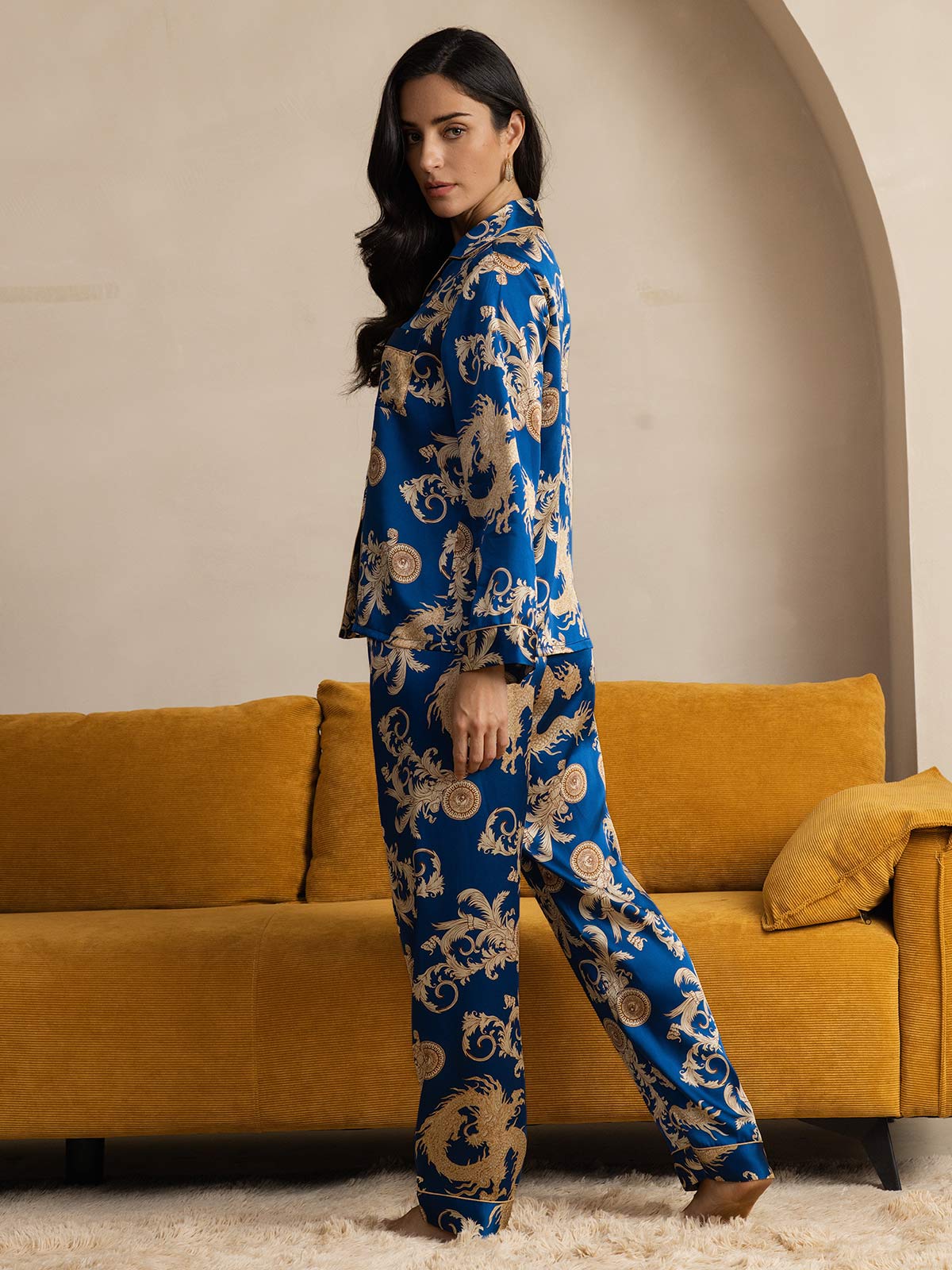 SilkSilky-CA Pure Silk Long Sleeve Lapel Women's Pajamas Blue 002