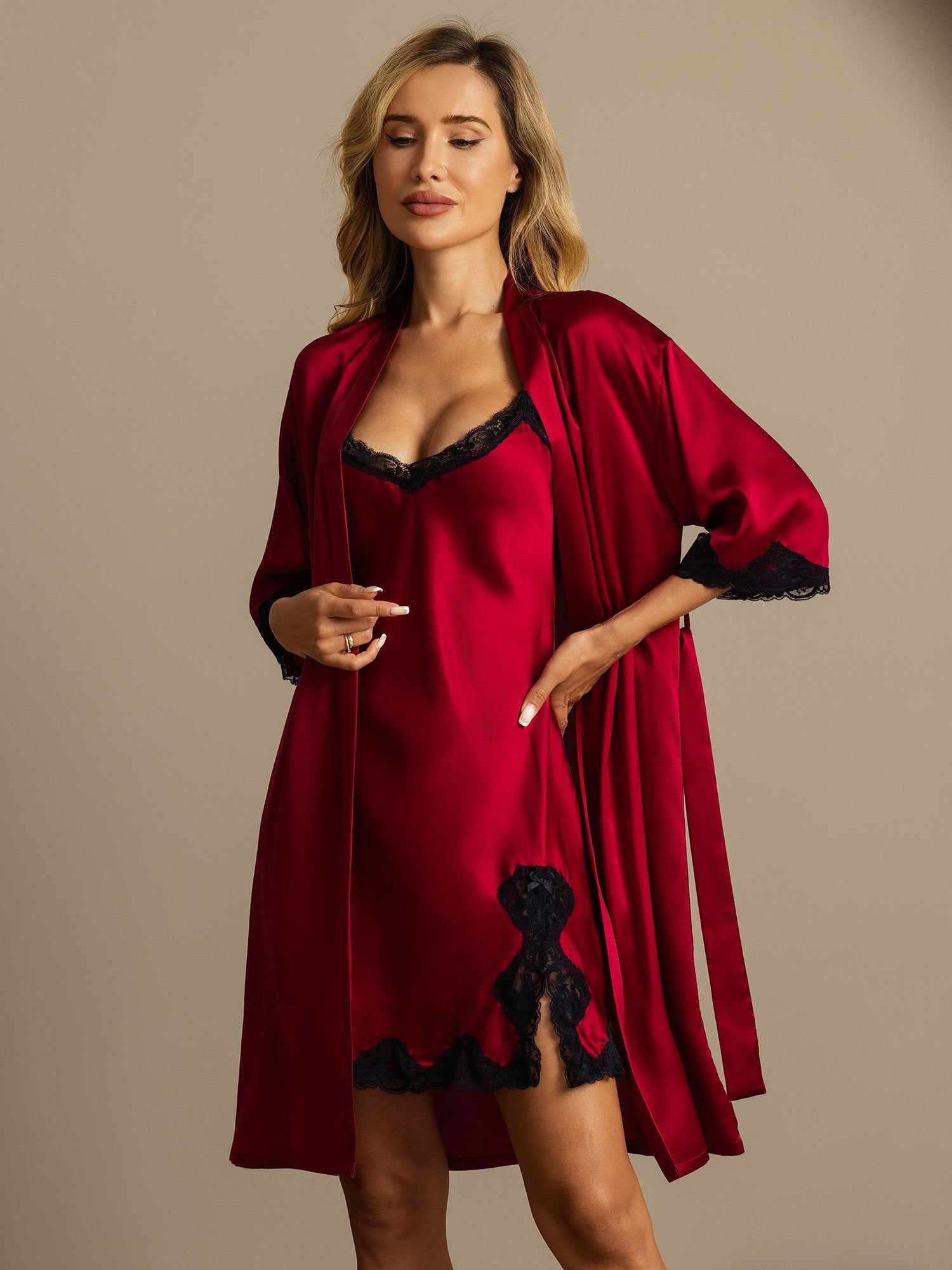 [Wine] SilkSilky-CA Pure Silk Split Nightgown&Robe Set 003