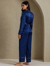 [Dark Blue] SilkSilky-CA Long Sleeve Shawl Collar Women's Pajamas 002