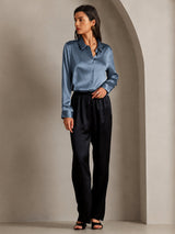 [Real Teal] SilkSilky-CA Long Sleeve Lapel Collar Women's Shirt 003
